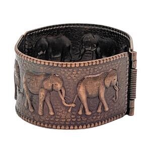 Vintage Copper Elephant Bangle Hinged Wide Bracelet Stamped Metal w Beaded Edge